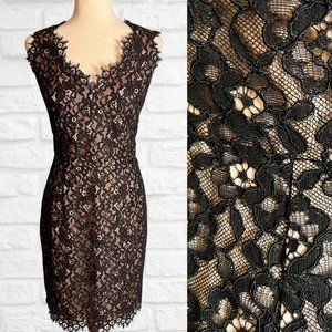 Shoshanna Black Pink Lace Sleeveless Sheath Dress Size 8 Cocktail V-Neck